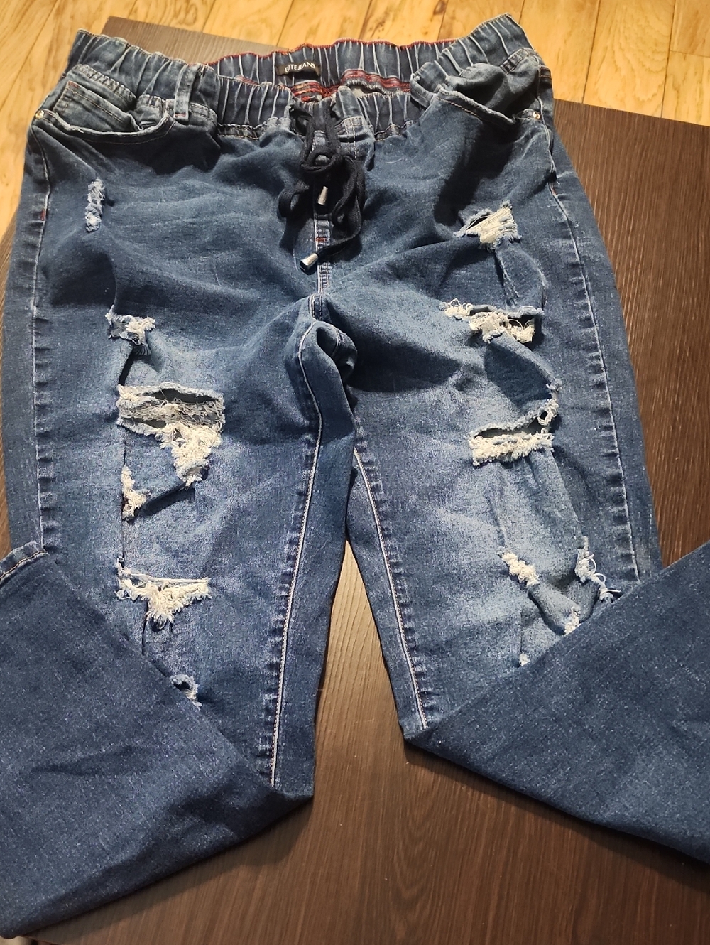 Women’s Ripped Boyfriend Jeans with Drawstring Waist - Dark Blue